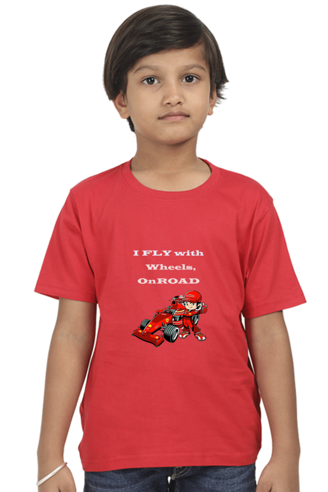 Racing-Themed Boys' Round Neck Half Sleeve Classic Tee | 'I Fly with Wheels on Road' Graphic Design