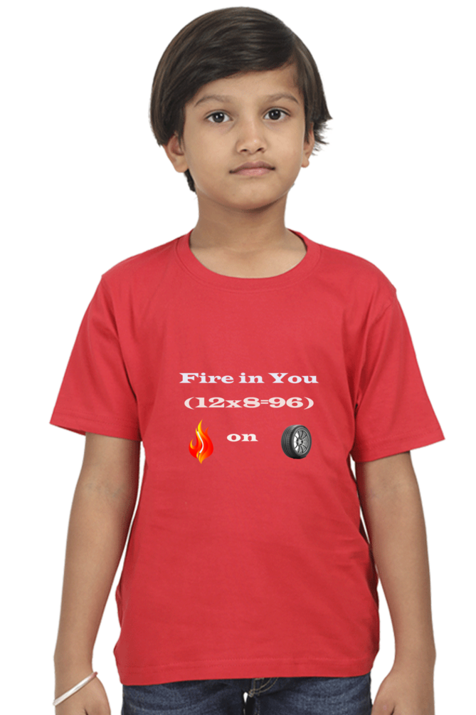 Racing-Themed Boys' Round Neck Half Sleeve Classic Tee | 'Fire in You, Fire on Wheel' Graphic Design