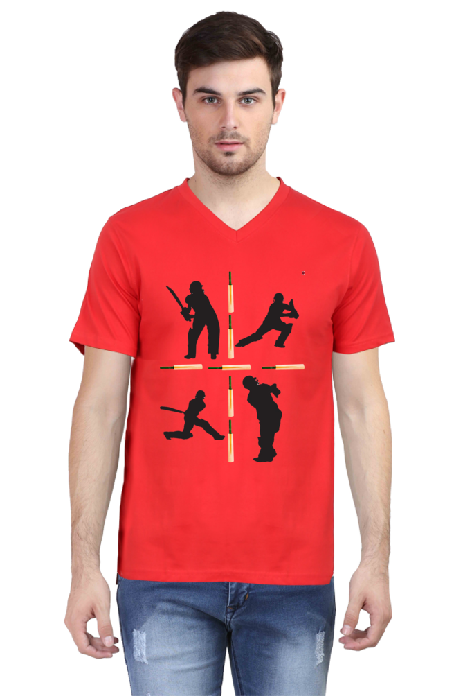 Cricket-Themed V-Neck Half Sleeve Men's T-Shirt