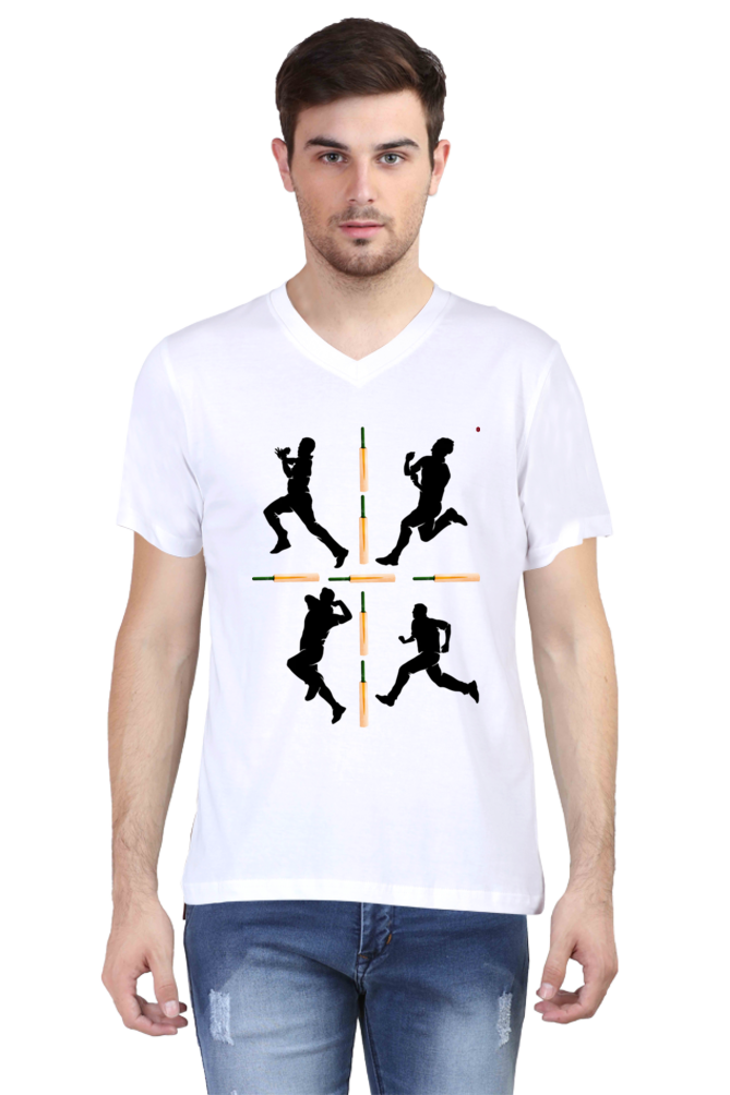 Cricket-Themed V-Neck Half Sleeve Men's T-Shirt
