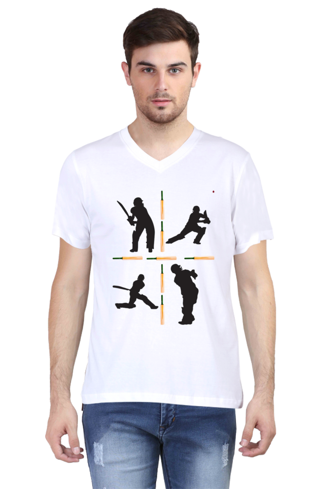Cricket-Themed V-Neck Half Sleeve Men's T-Shirt