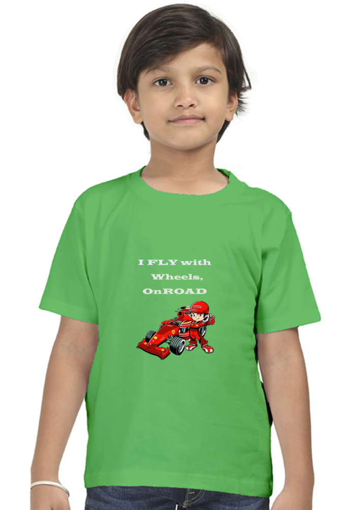 Racing-Themed Boys' Round Neck Half Sleeve Classic Tee | 'I Fly with Wheels on Road' Graphic Design
