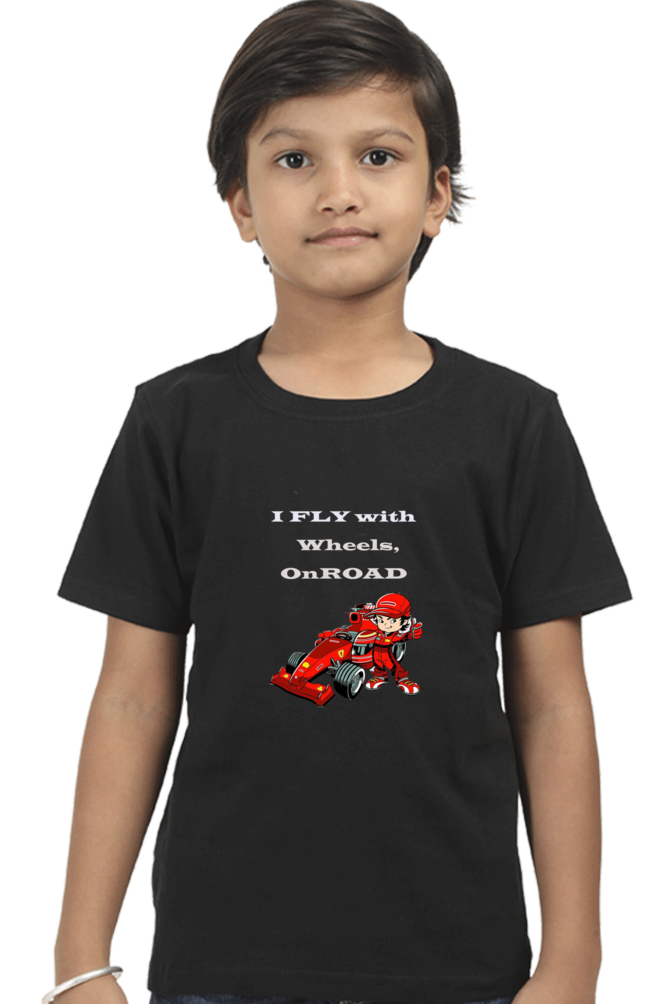 Racing-Themed Boys' Round Neck Half Sleeve Classic Tee | 'I Fly with Wheels on Road' Graphic Design
