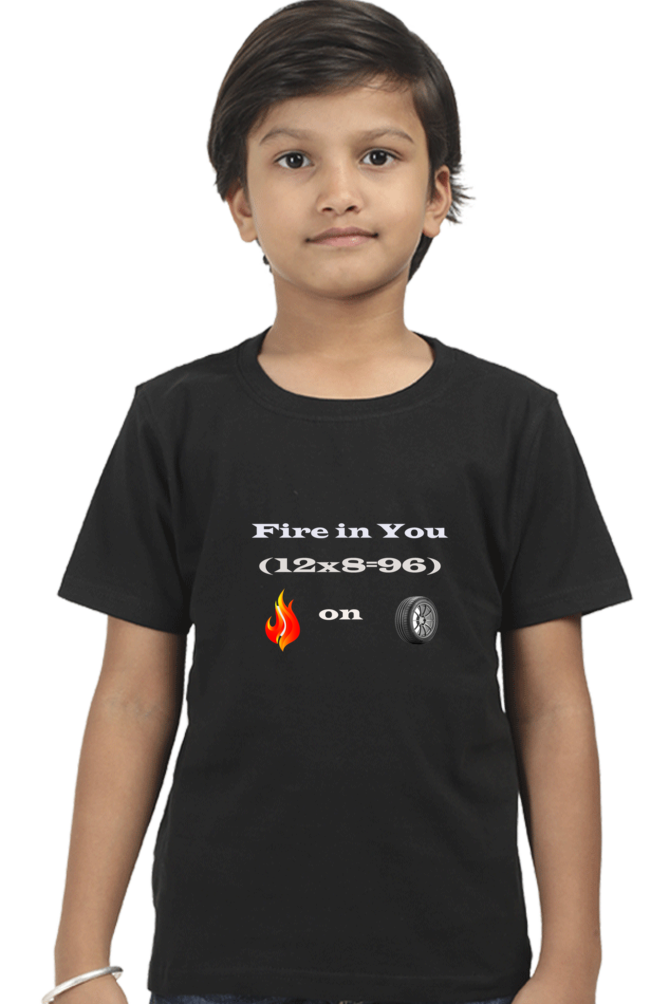 Racing-Themed Boys' Round Neck Half Sleeve Classic Tee | 'Fire in You, Fire on Wheel' Graphic Design