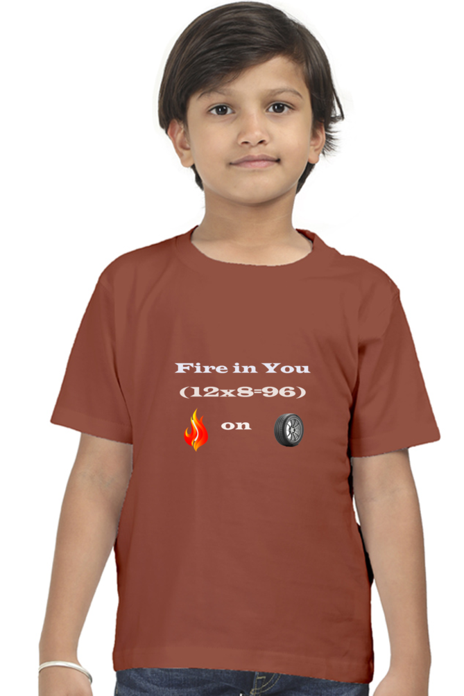 Racing-Themed Boys' Round Neck Half Sleeve Classic Tee | 'Fire in You, Fire on Wheel' Graphic Design
