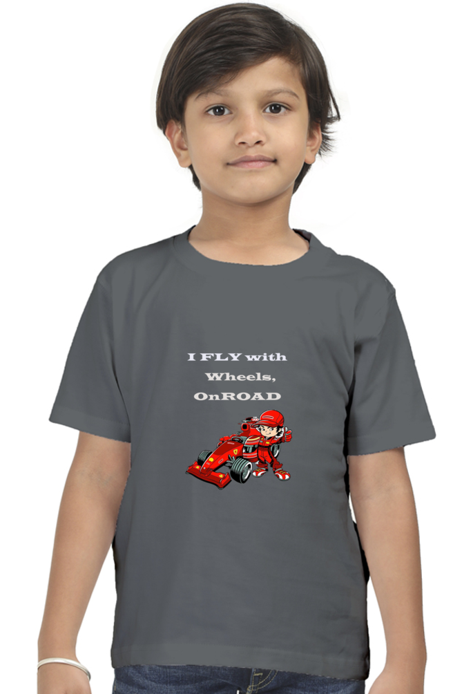 Racing-Themed Boys' Round Neck Half Sleeve Classic Tee | 'I Fly with Wheels on Road' Graphic Design