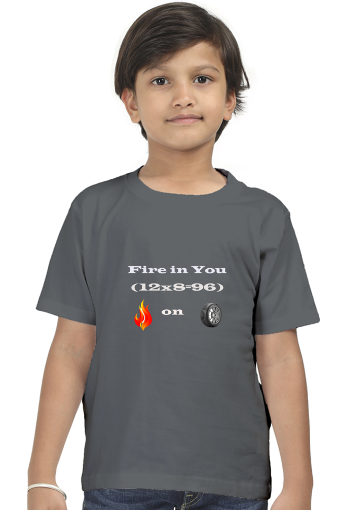 Racing-Themed Boys' Round Neck Half Sleeve Classic Tee | 'Fire in You, Fire on Wheel' Graphic Design