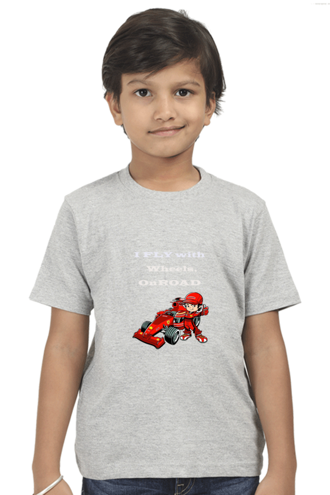 Racing-Themed Boys' Round Neck Half Sleeve Classic Tee | 'I Fly with Wheels on Road' Graphic Design