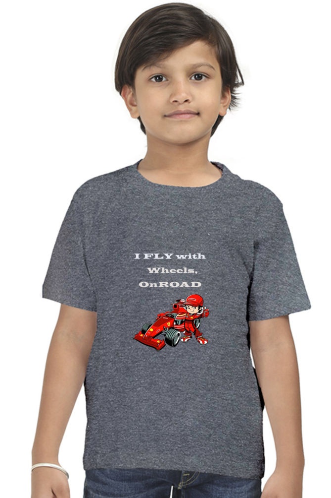 Racing-Themed Boys' Round Neck Half Sleeve Classic Tee | 'I Fly with Wheels on Road' Graphic Design