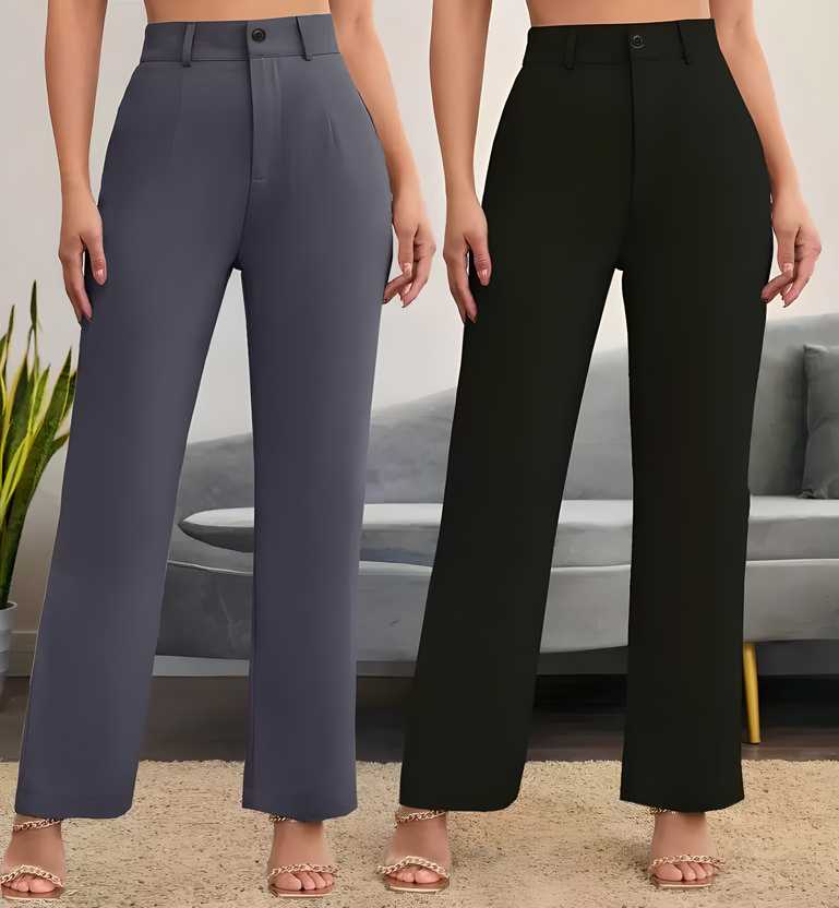 Elegant Grey & Black Lycra Solid Trousers Combo for Women | High Waist, Regular Fit