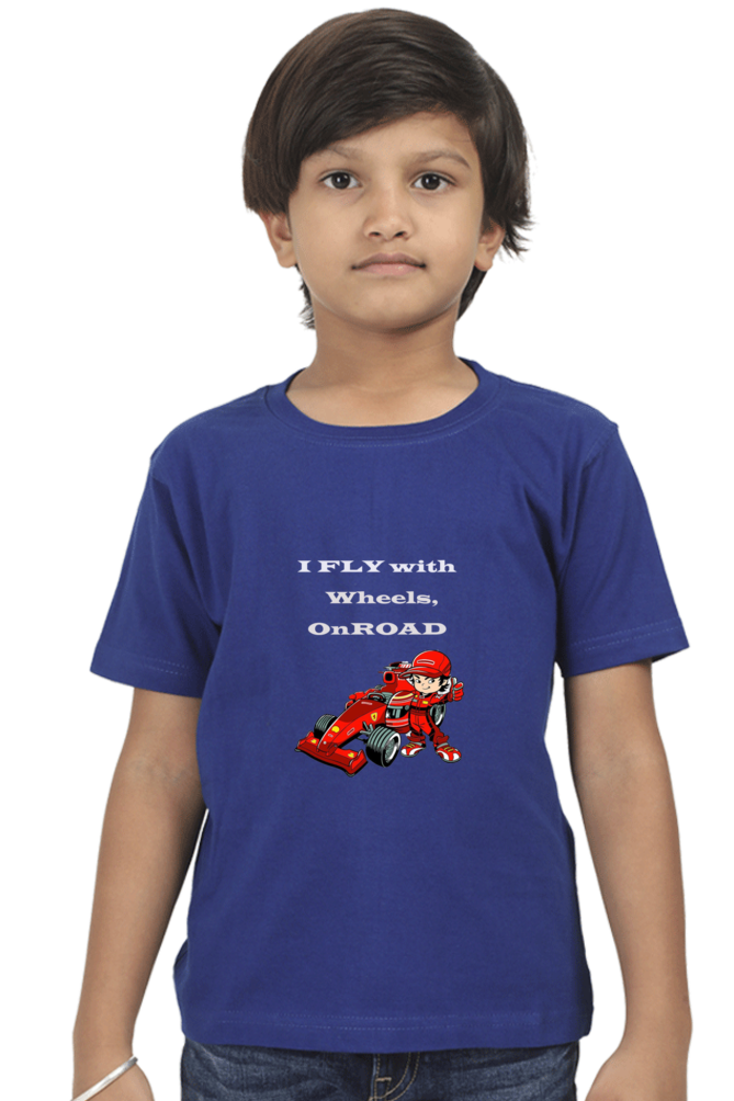 Racing-Themed Boys' Round Neck Half Sleeve Classic Tee | 'I Fly with Wheels on Road' Graphic Design