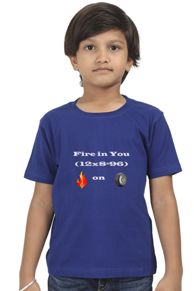 Racing-Themed Boys' Round Neck Half Sleeve Classic Tee | 'Fire in You, Fire on Wheel' Graphic Design