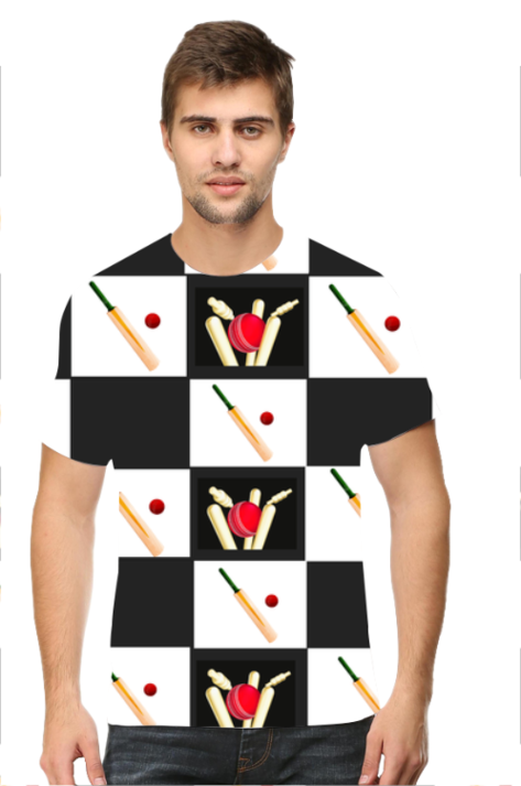 Cricket-Themed All-Over Print Men's T-Shirt (Black and White Blocks)