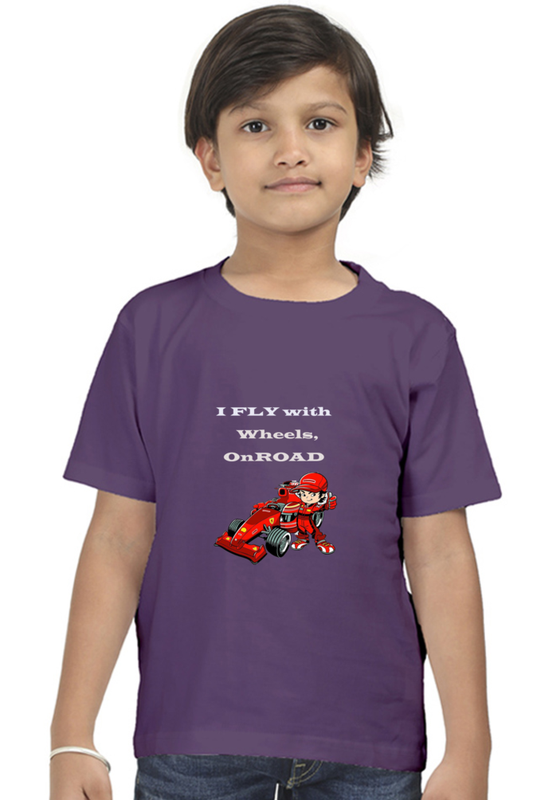 Racing-Themed Boys' Round Neck Half Sleeve Classic Tee | 'I Fly with Wheels on Road' Graphic Design