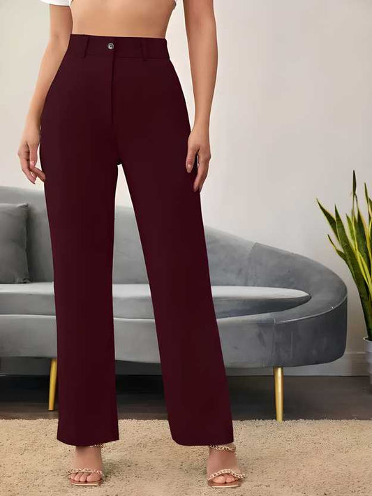 Elegant Maroon Lycra Blend Solid Trousers for Women | High Waist, Regular Fit