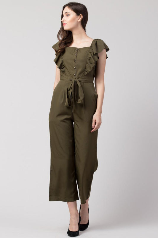 Women's Olive Solid Cape Sleeve Jumpsuit | Box Neck, Polyester Fabric